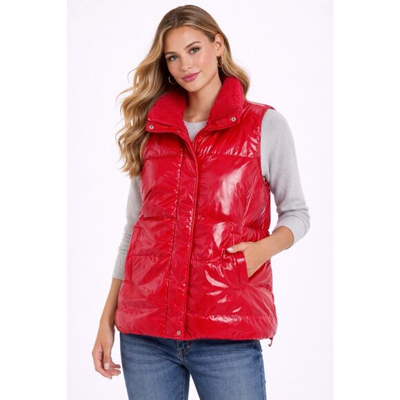 a new day Jackets & Blazers - A New Day XL Red Glossy Sherpa Lined Women’s Zip Snap Front